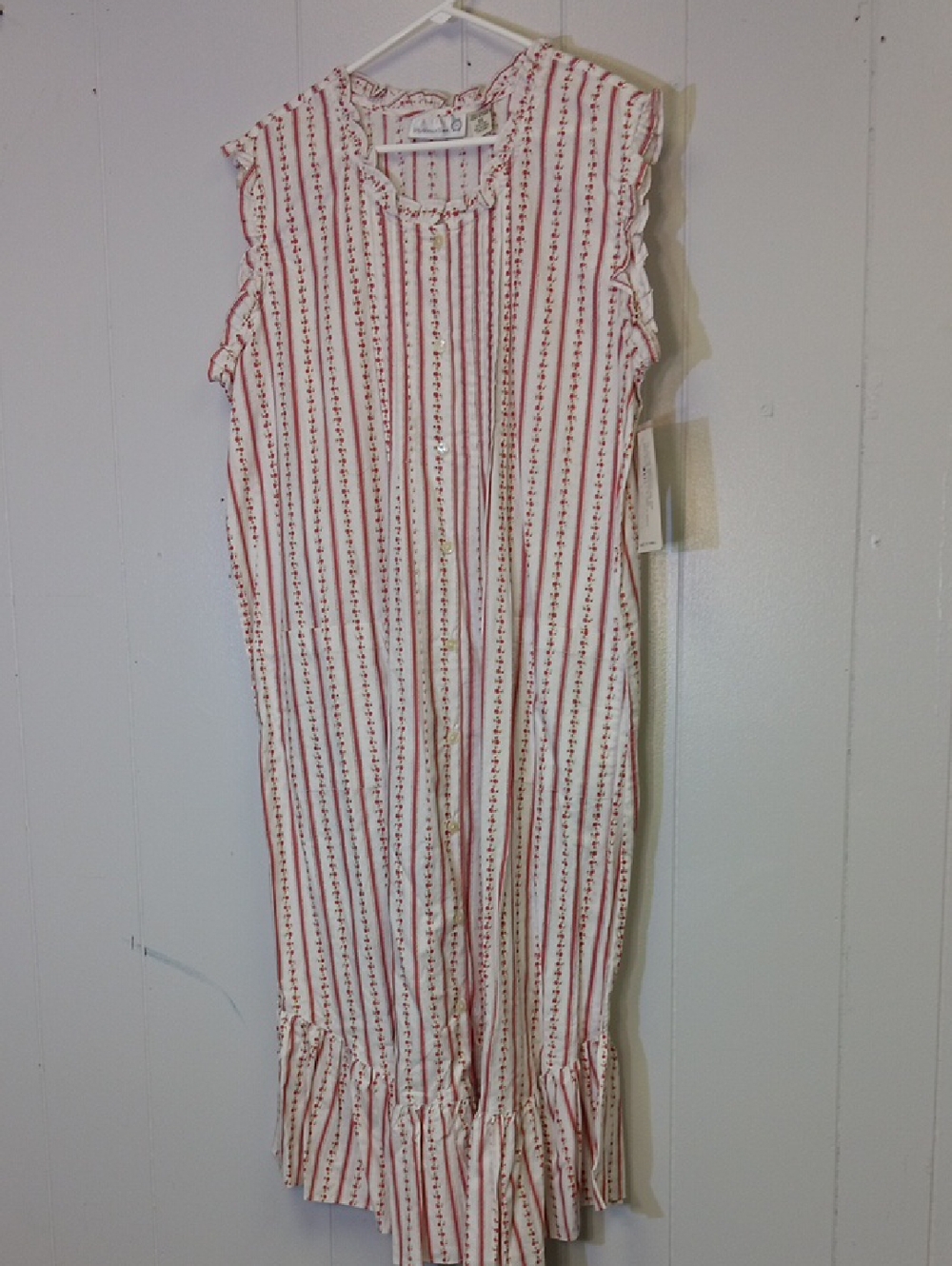 Womens Sleeveless Red Stripe Nightgown - Comfortable Pajama Dress.  100% Cotton